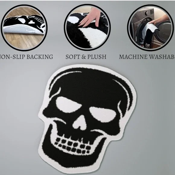 Skull Bath Mat Rug Gothic Bathmat Goth Bathroom Decor Black sk… - Picture 4 of 6